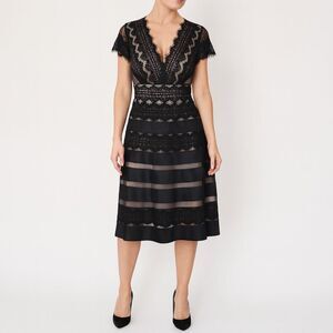 NWT JS Collections Black Nude Lace Illusion Midi Dress Sheer Stripe Size 6 NEW